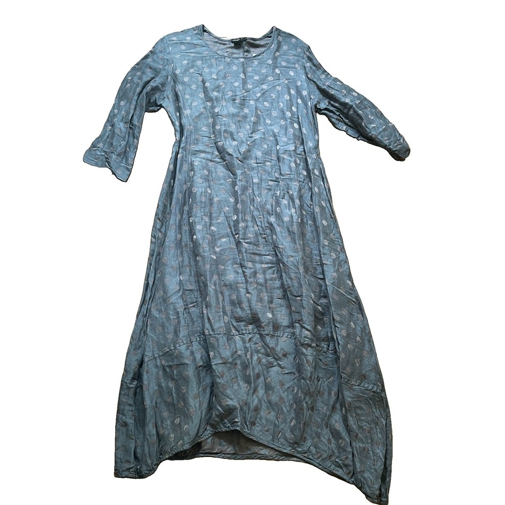 Grizas Silk Linen Polka Dot Midi Circle Barrel Dress Long Sleeve  Size Large